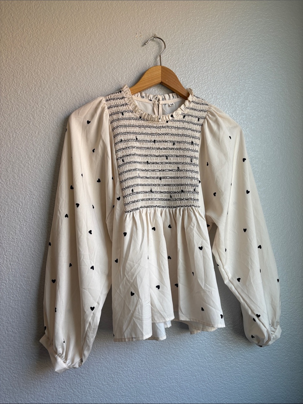 Ivory Heart Print Smocked Peasant Blouse